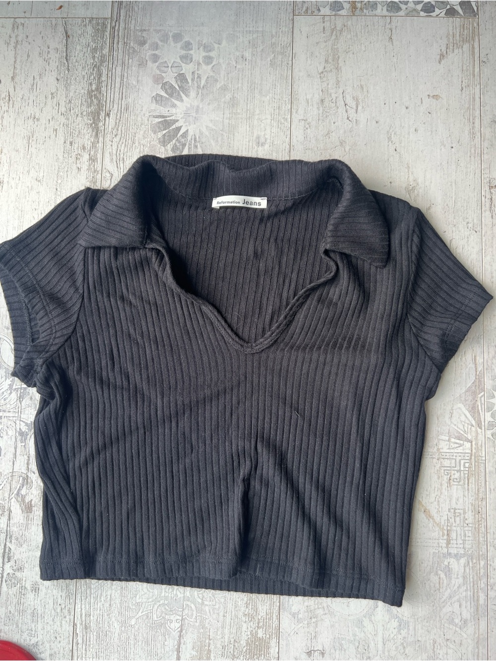 Reformation Black Ribbed Polo Crop Top